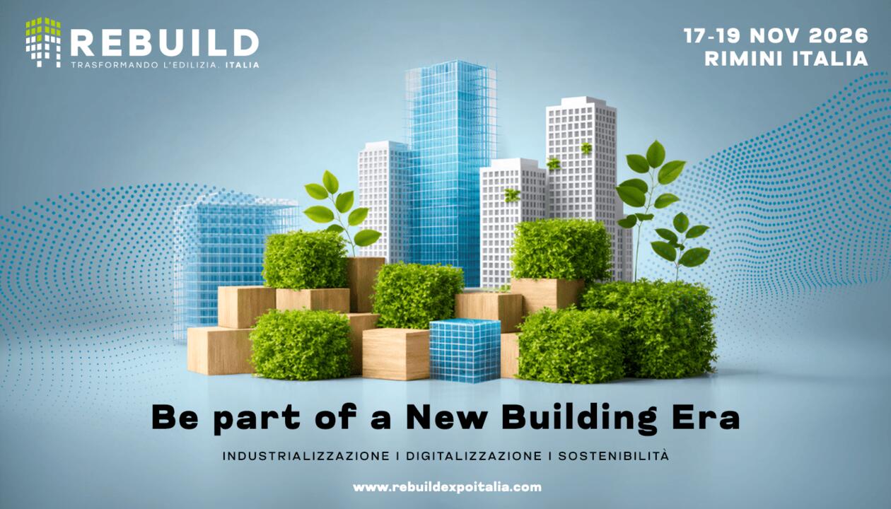 L'immagine mostra al centro dei grattacieli realizzati digitalmente con blocchi di legno e piante in mezzo. Sotto c'è lo slogan, mentre negli angoli superiori figurano il nome e le date della fiera.