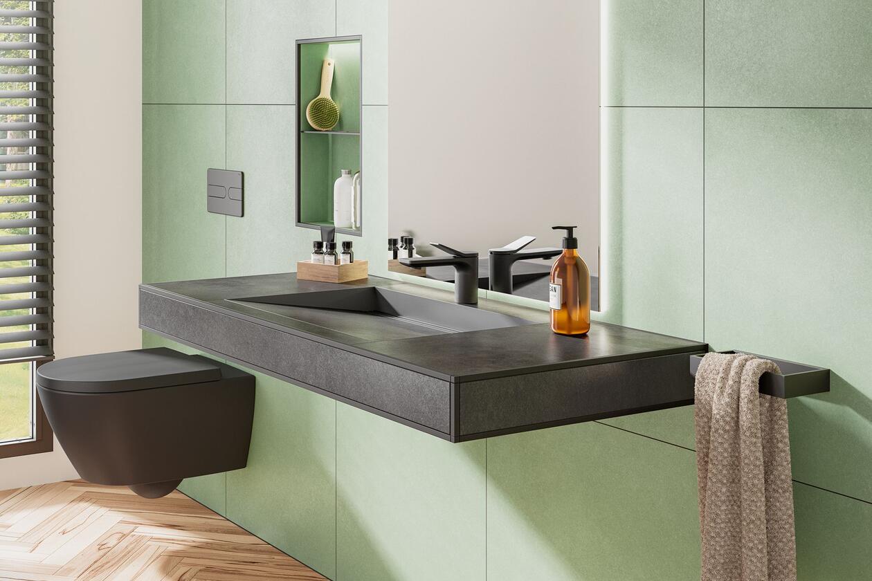 Generationengerecht Bauen: Planung, Design und Technik Modernes, barrierearmes Bad mit unterfahrbarem Waschtisch