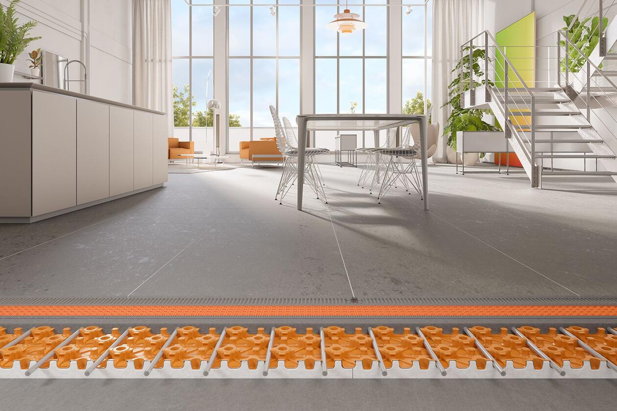 Eines der Highlights auf der ISH 2025: Die wassergeführte Fußbodenheizung BEKOTEC-THERM sorgt für effiziente Wärme in Wohn- und Gewerbegebäuden. Moderner Essbereich mit BEKOTEC-THERM als Fußbodenheizung.