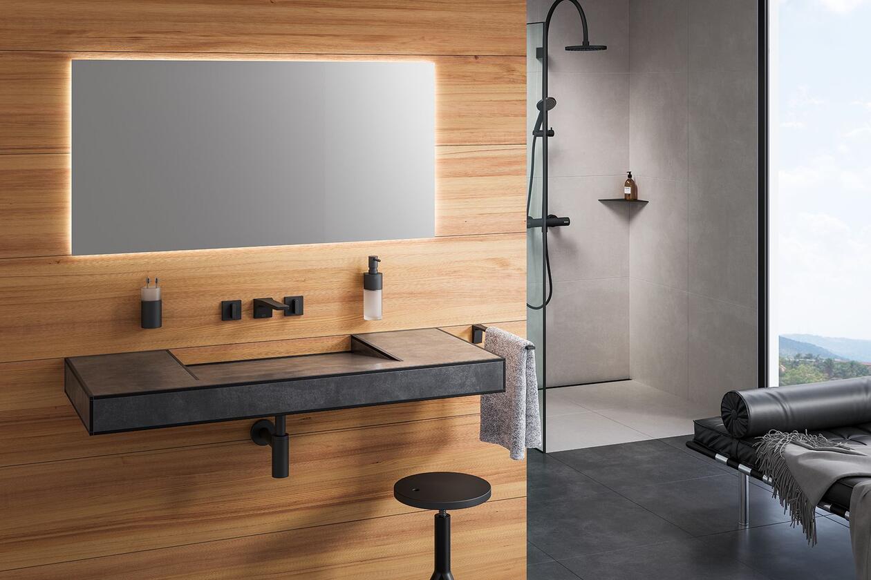 Mit KERDI-BOARD-W können Waschtische auf unterschiedliche Weise individuell gestaltet werden – auch eine unterfahrbare Version ist möglich.