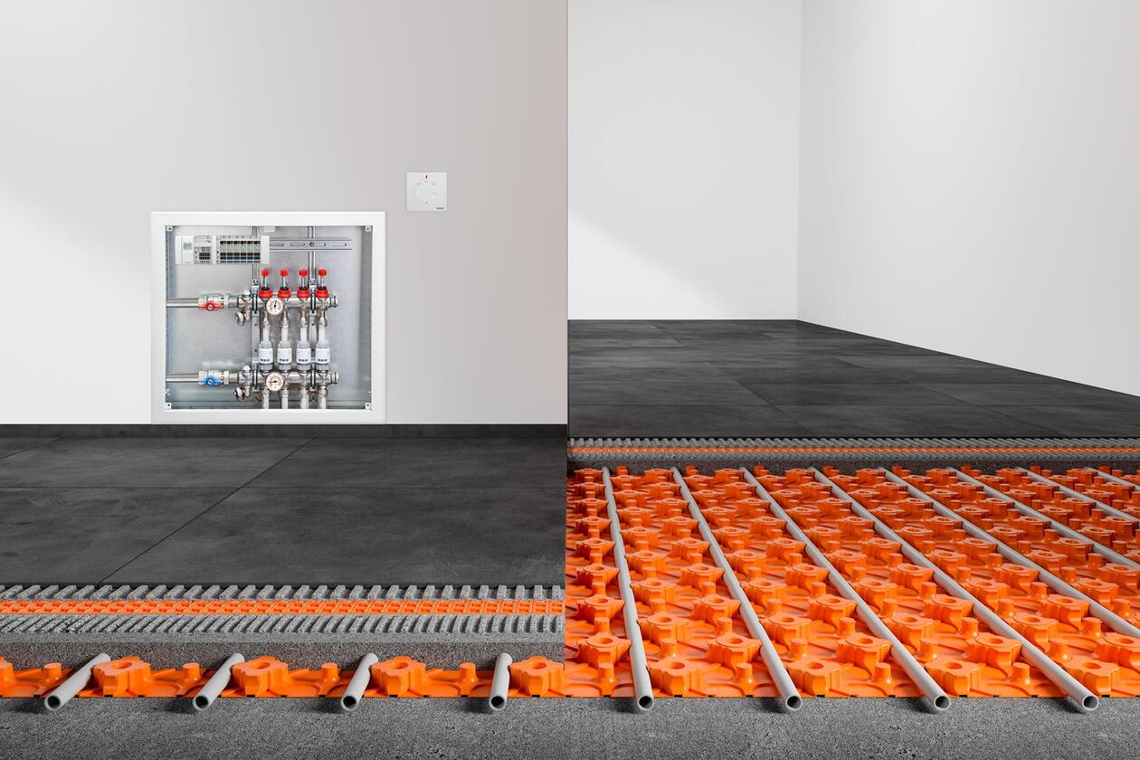 Das dünnschichtige, energiesparende Fußbodenheizsystem Schlüter-BEKOTEC-THERM steht am Schlüter-Stand auf der EstrichParkettFliese im Mittelpunkt.