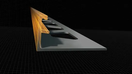 V geometrick&eacute;m průřezu zakončovac&iacute;ho profilu Schl&uuml;ter-SCHIENE na čern&eacute;m pozad&iacute; je oranžově zv&yacute;razněn speci&aacute;ln&iacute; vymezovač sp&aacute;ry.