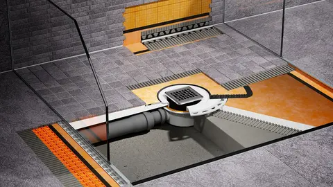 Řez systémovými prvky sprchy s bodovým odvodněním