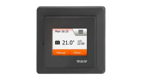 DITRA-HEAT-E-Temperaturregler mit 2"-Touchdisplay in Dunkelanthrazit.