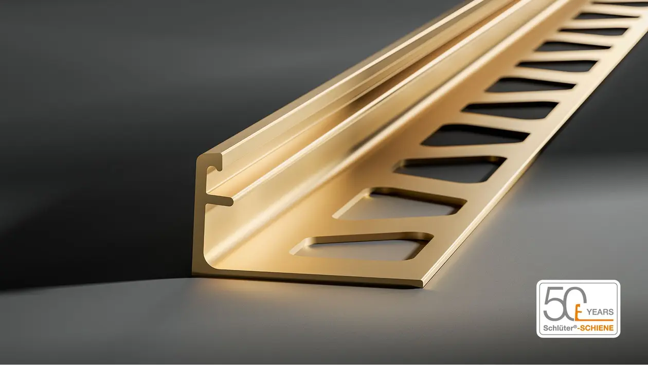 Close-up of the Schlüter-SCHIENE finishing profile made of brass against a dark gray background