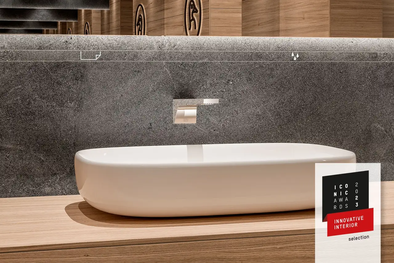 Vanity unit area featuring printed MyDesign by Schlüter-Systems profile, bottom right: ICONIC AWARDS logo.