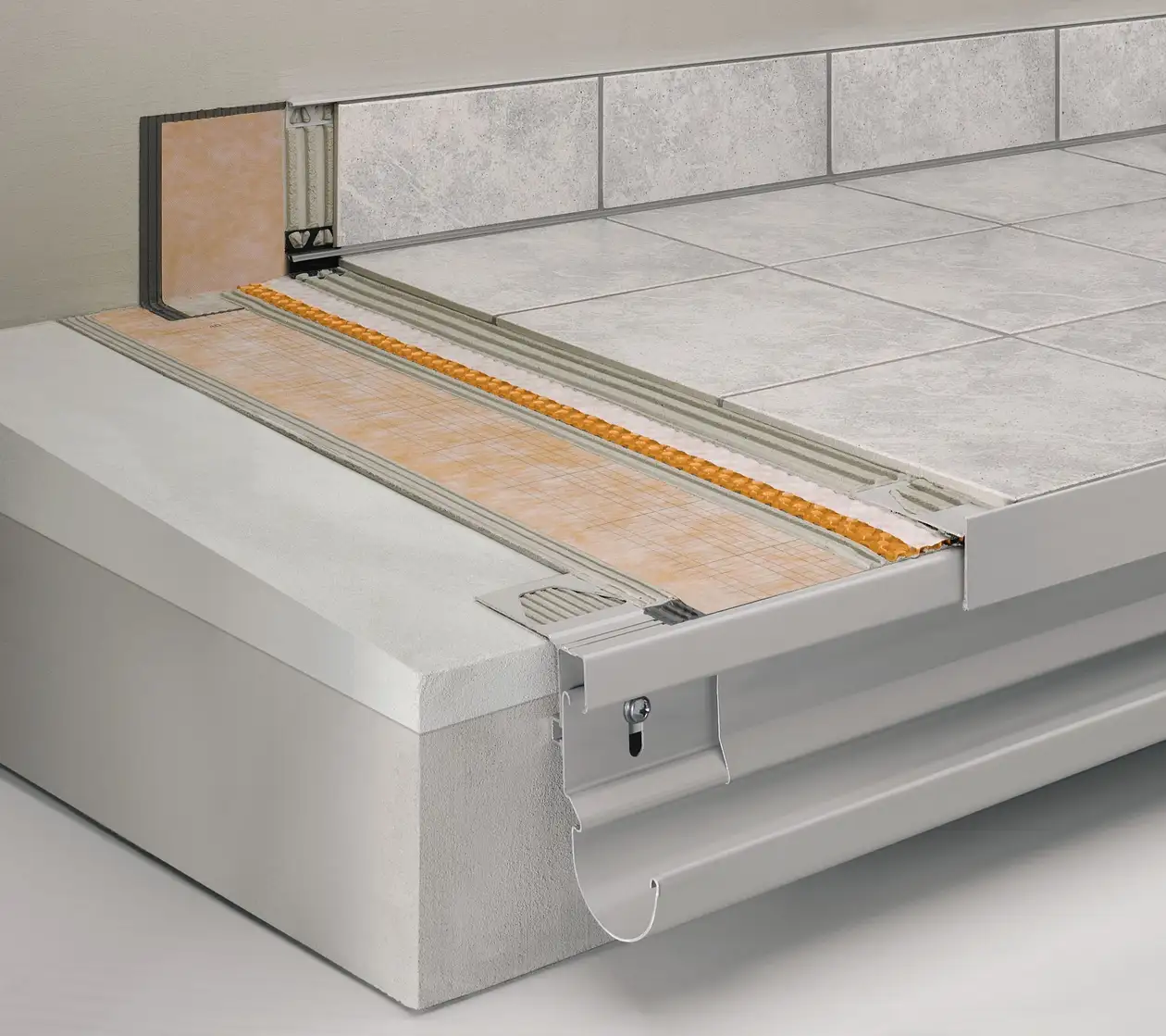Schl&uuml;ter-Systems balcony assembly A.2 with Schl&uuml;ter-DITRA-DRAIN for bonded drainage and bonded uncoupling over Schl&uuml;ter-KERDI bonded waterproofing