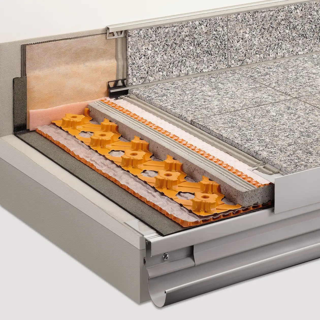 Schl&uuml;ter-Systems balcony assembly A.3 Thin covering assembly over DITRA-DRAIN waterproofing for bonded drainage and bonded uncoupling over BEKOTEC-DRAIN screed on TROBA-PLUS drainage membrane