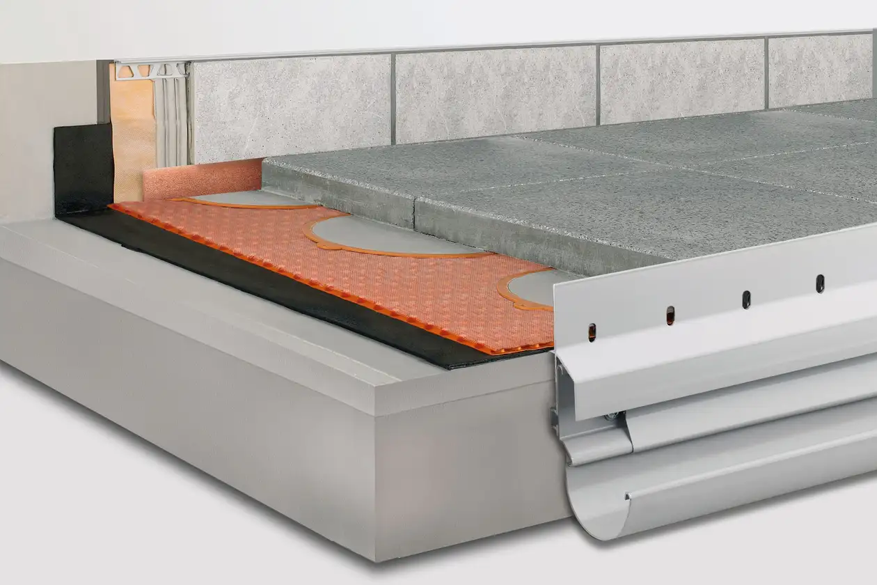Schl&uuml;ter-Systems balcony assembly A.6 Unbonded installation over TROBA-PLUS 8G on thin-bed mortar spots with TROBA-STELZ-DR