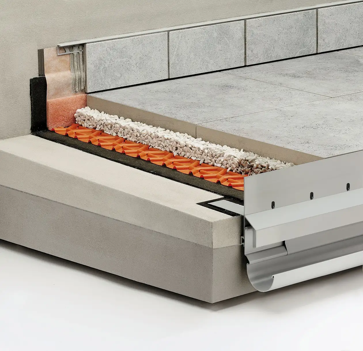 Schl&uuml;ter-Systems balcony assembly A.8 Unbonded installation over TROBA in gravel or crushed stone
