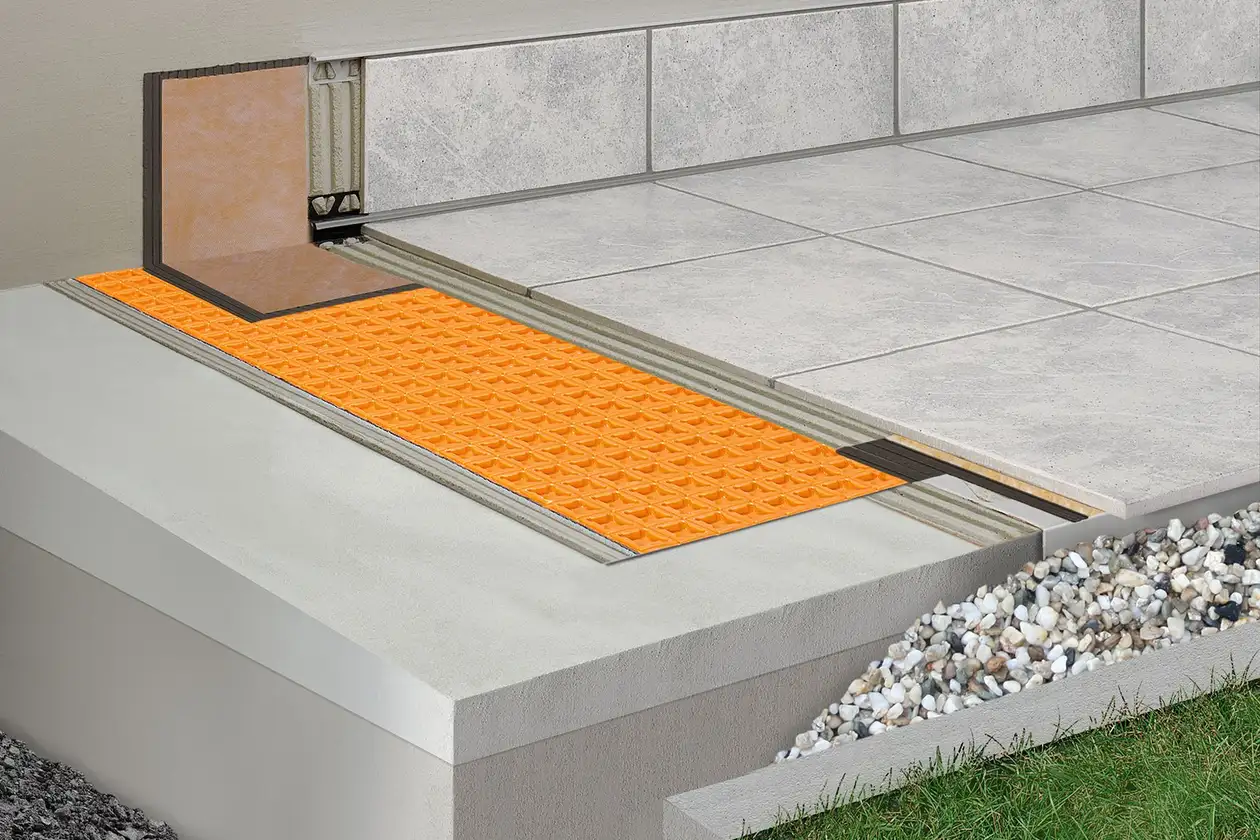 Schl&uuml;ter-Systems terrace assembly B.1 Covering assembly with DITRA for bonded waterproofing, bonded uncoupling and vapour pressure equalisation