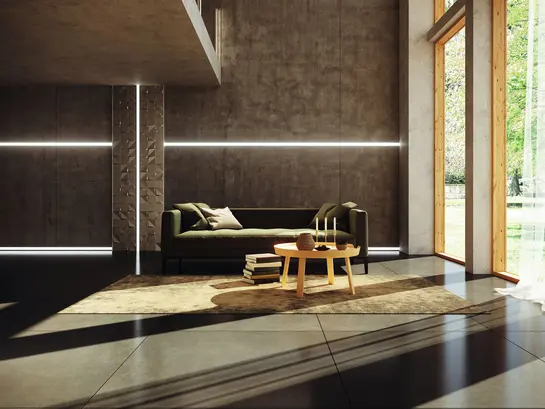 Living room with sitting area, window front, dark large-format tiles and illuminated baseboards