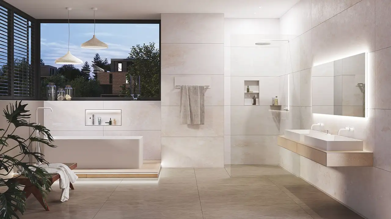 Modern, brightly tiled bathroom with LIPROTEC accent lighting at the vanity unit and bathtub
