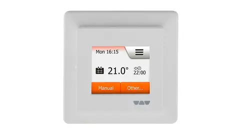 DITRA-HEAT-E thermostat with 2″ touch display in white.