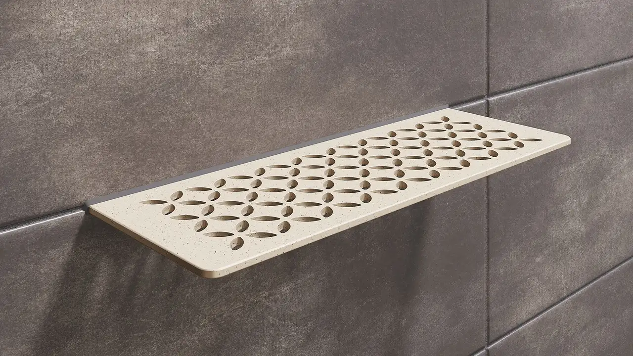 Schlüter-SHELF in the TSI ivory textured finish is a decorative wall shelf for tiles and natural stone