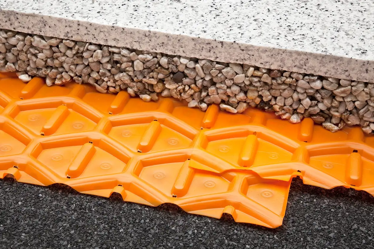 Schl&uuml;ter-Systems terrace assembly B.8 Unbonded installation over TROBA in gravel or crushed stone