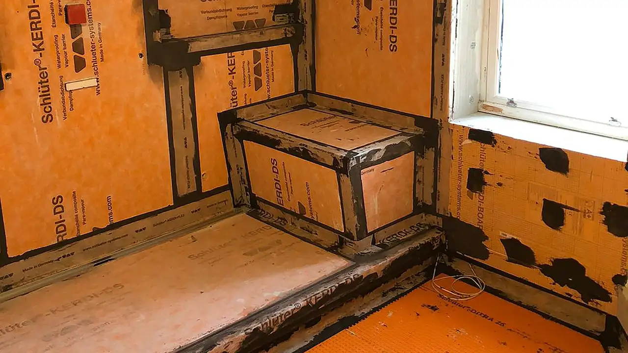 Prepared surfaces for tile installation in a steam room with Schlüter-KERDI products.