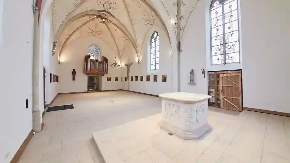 View of the interior of the chapel with renovated floor covering