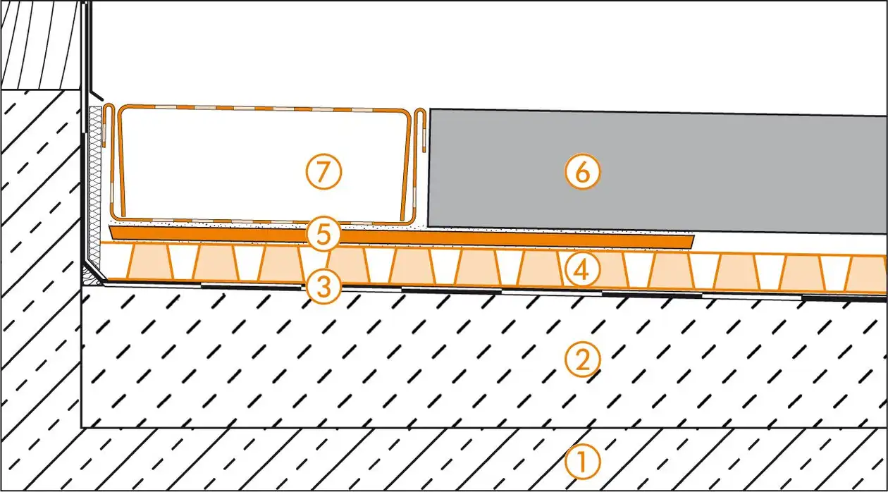 Schl&uuml;ter-Systems section drawing of the door transition for balcony assembly A.6 Unbonded installation over Schl&uuml;ter-TROBA-PLUS 8G