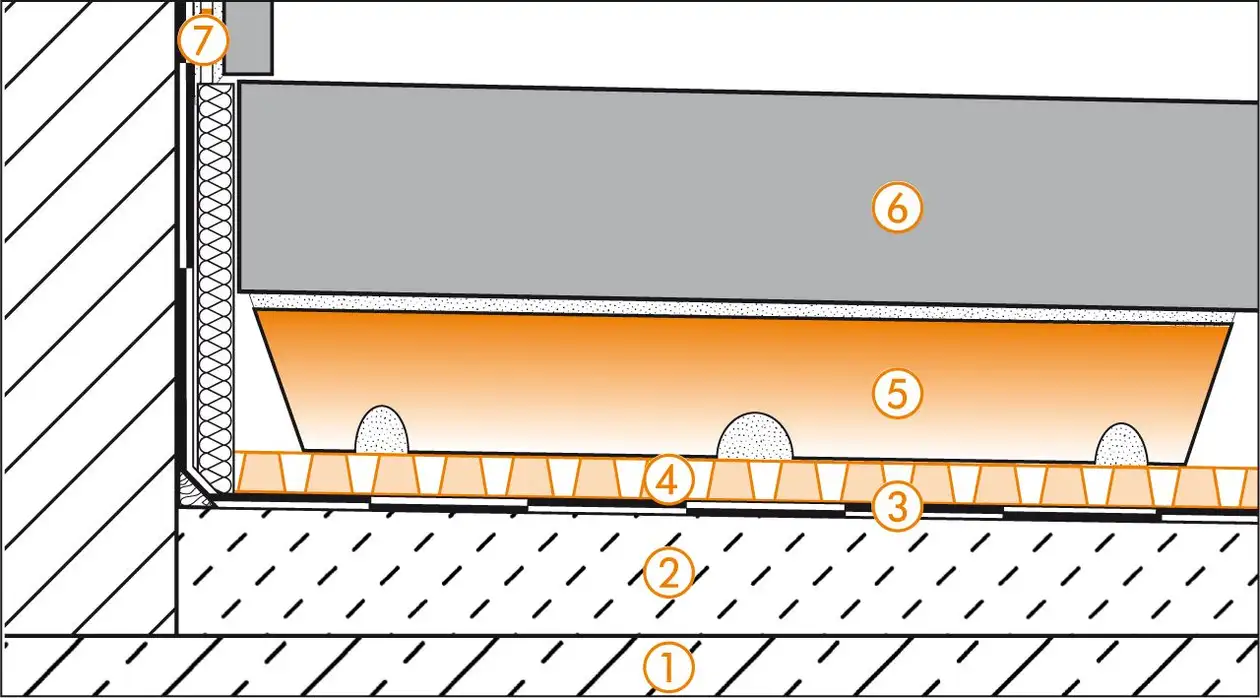 Schl&uuml;ter-Systems section drawing of the wall connection detail for balcony assembly A.7 Covering assembly with TROBA-STELZ mortar rings