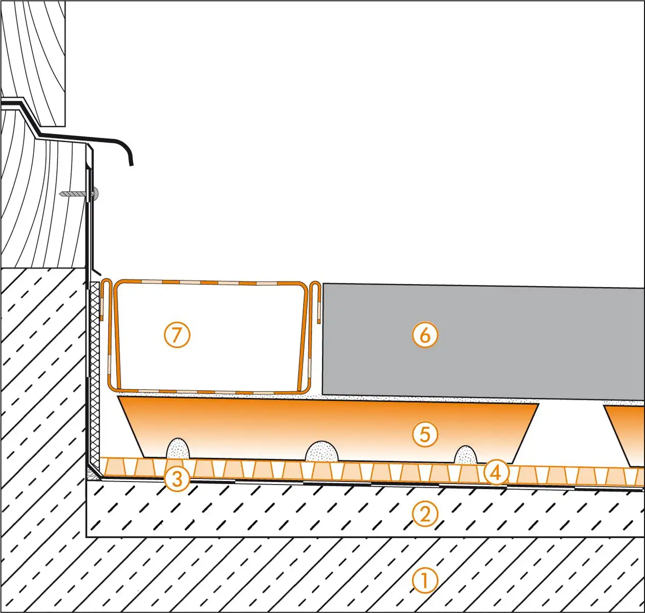Schl&uuml;ter-Systems section drawing of the door transition for balcony assembly A.7 Covering assembly with TROBA-STELZ mortar rings