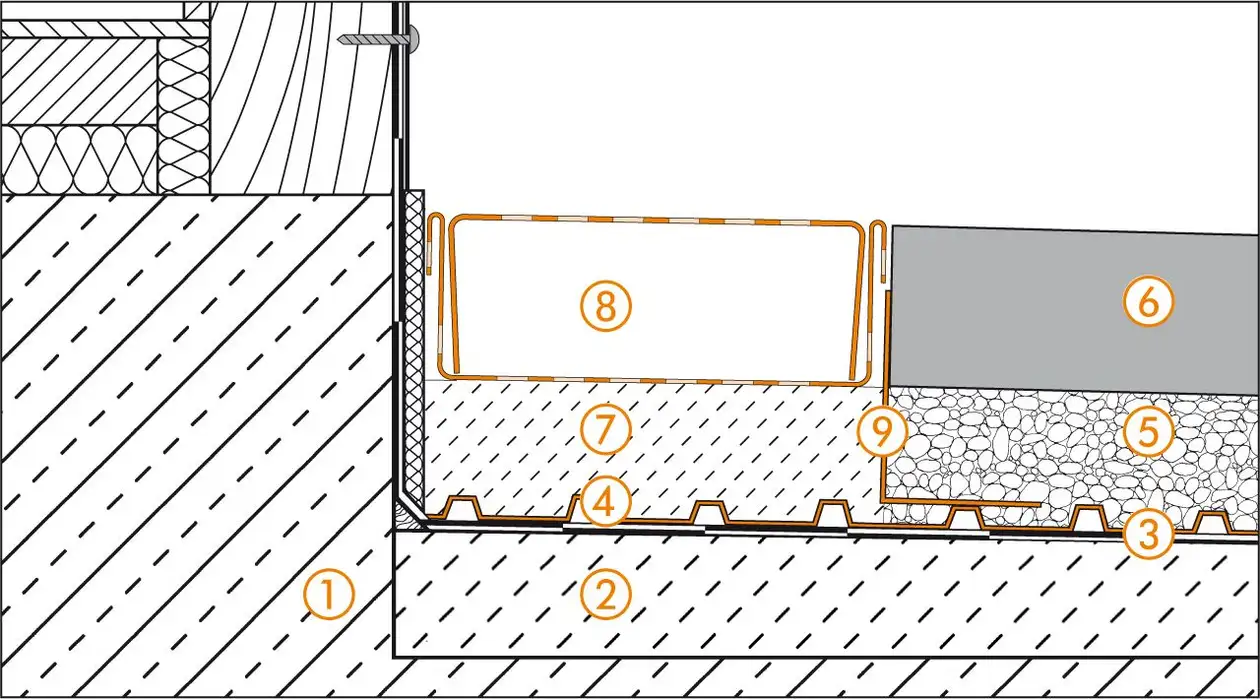 Schl&uuml;ter-Systems section drawing of the door transition for balcony assembly A.8 Unbonded installation over TROBA in gravel or crushed stone