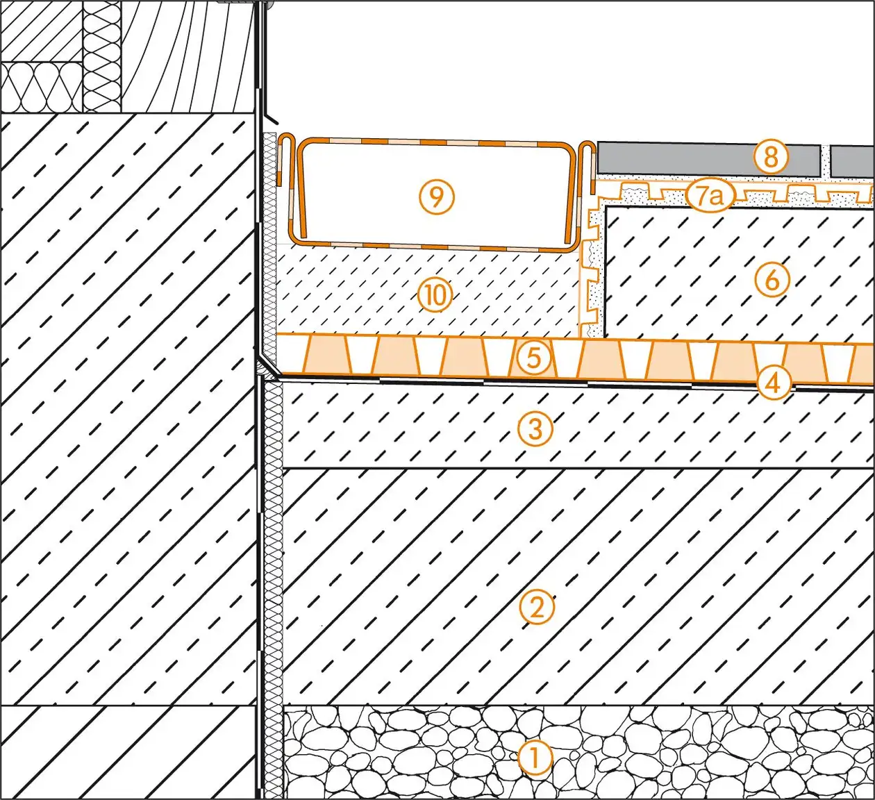 Schl&uuml;ter-Systems section drawing of the door transition for terrace assembly B.5 Covering assemblies over waterproofing layers according to DIN 18531