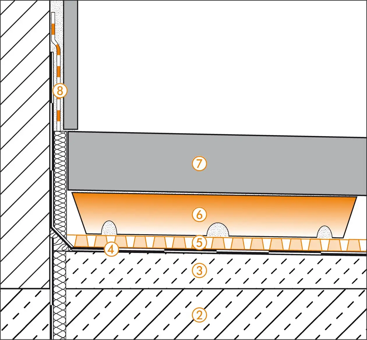 Schl&uuml;ter-Systems section drawing of the wall connection detail for terrace assembly B.7 Covering assembly with TROBA-STELZ mortar rings