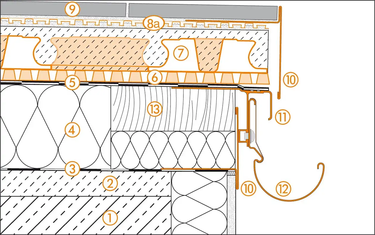 Schl&uuml;ter-Systems section drawing of edge detail 1 for roof terrace assembly C.3 Thin covering assembly over waterproofing layer