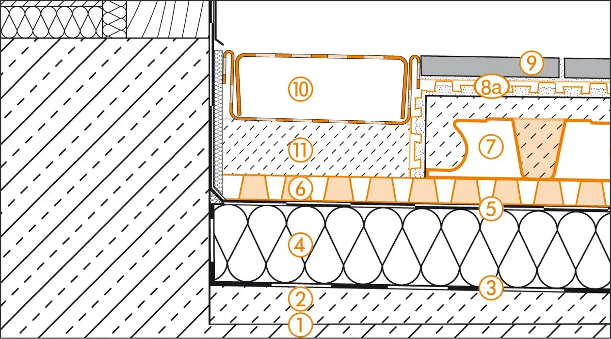Schl&uuml;ter-Systems section drawing of the door transition for roof terrace assembly C.3 Thin covering assembly over waterproofing layer