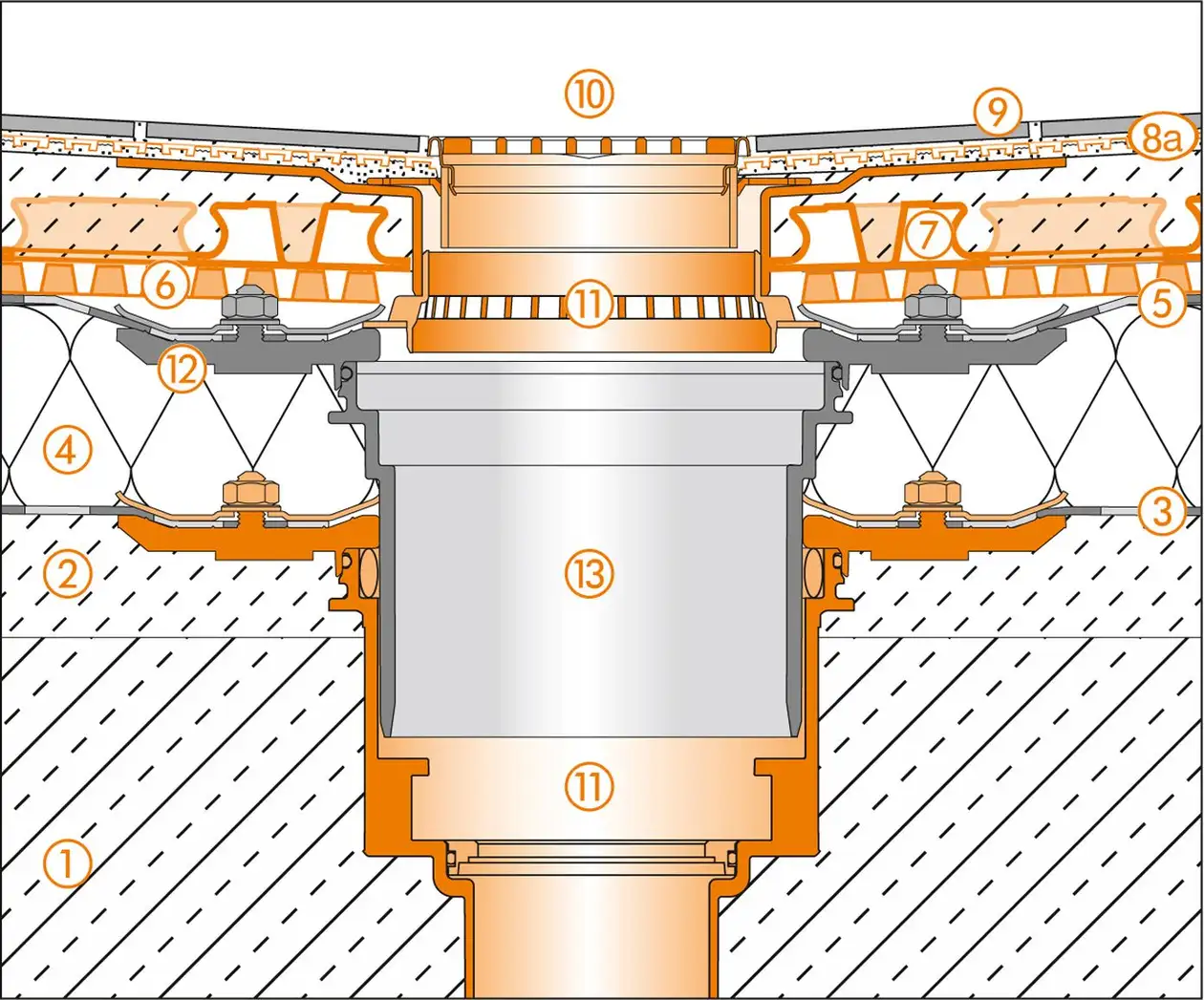 Schl&uuml;ter-Systems section drawing of the floor drain for roof terrace assembly C.3 Thin covering assembly over waterproofing layer
