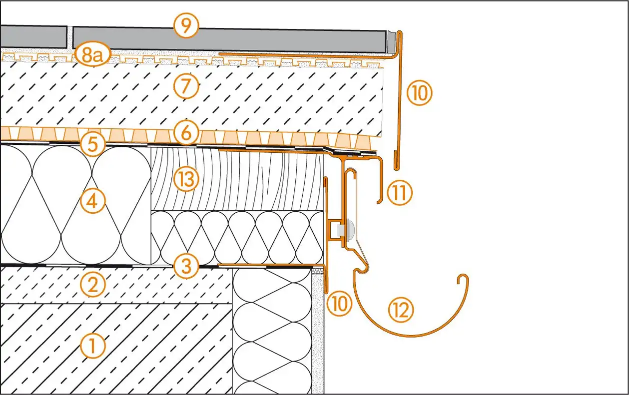Schl&uuml;ter-Systems section drawing of edge detail 1 for roof terrace assembly C.5 Covering assemblies over waterproofing layers according to DIN 18531