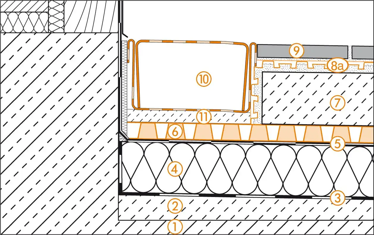 Schl&uuml;ter-Systems section drawing of the door transition for roof terrace assembly C.5 Covering assemblies over waterproofing layers according to DIN 18531