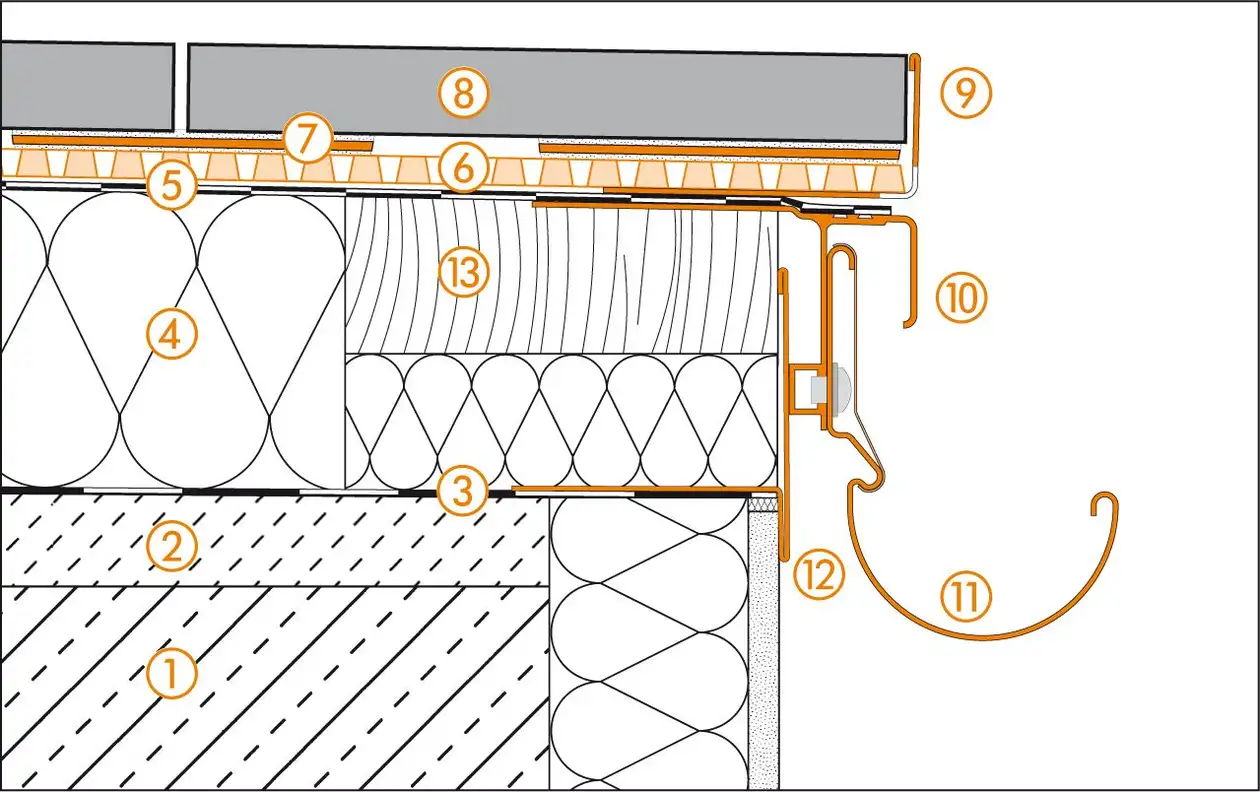 Schl&uuml;ter-Systems section drawing of edge detail 4 for roof terrace assembly C.6 Unbonded installation over Schl&uuml;ter-TROBA-PLUS 8G