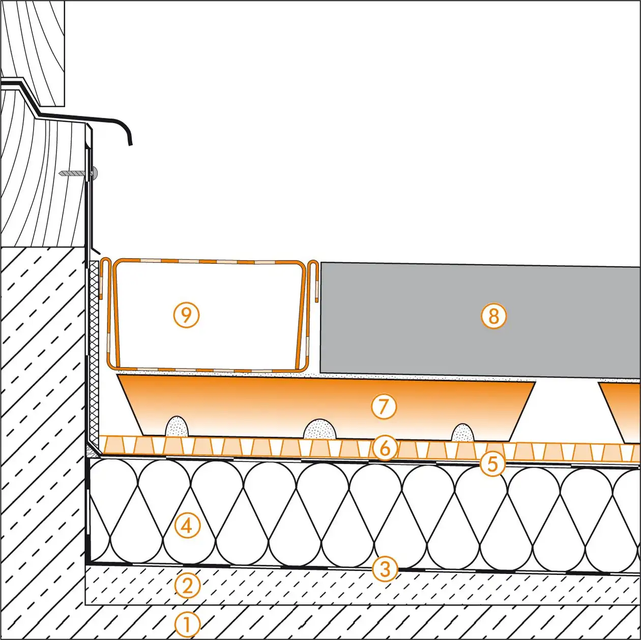 Schl&uuml;ter-Systems section drawing of the door transition for roof terrace assembly C.7 Covering assembly with TROBA-STELZ mortar rings