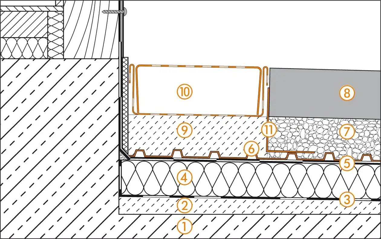 Schl&uuml;ter-Systems section drawing of the door transition for roof terrace assembly C.8 Unbonded installation over TROBA in gravel or crushed stone