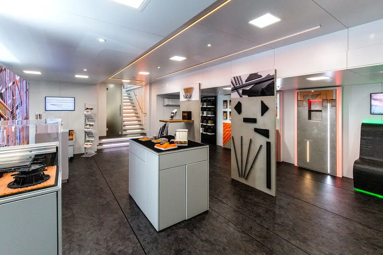 Interior view of the Schlüter WorkBox truck ON TOUR, where all Schlüter products are displayed.