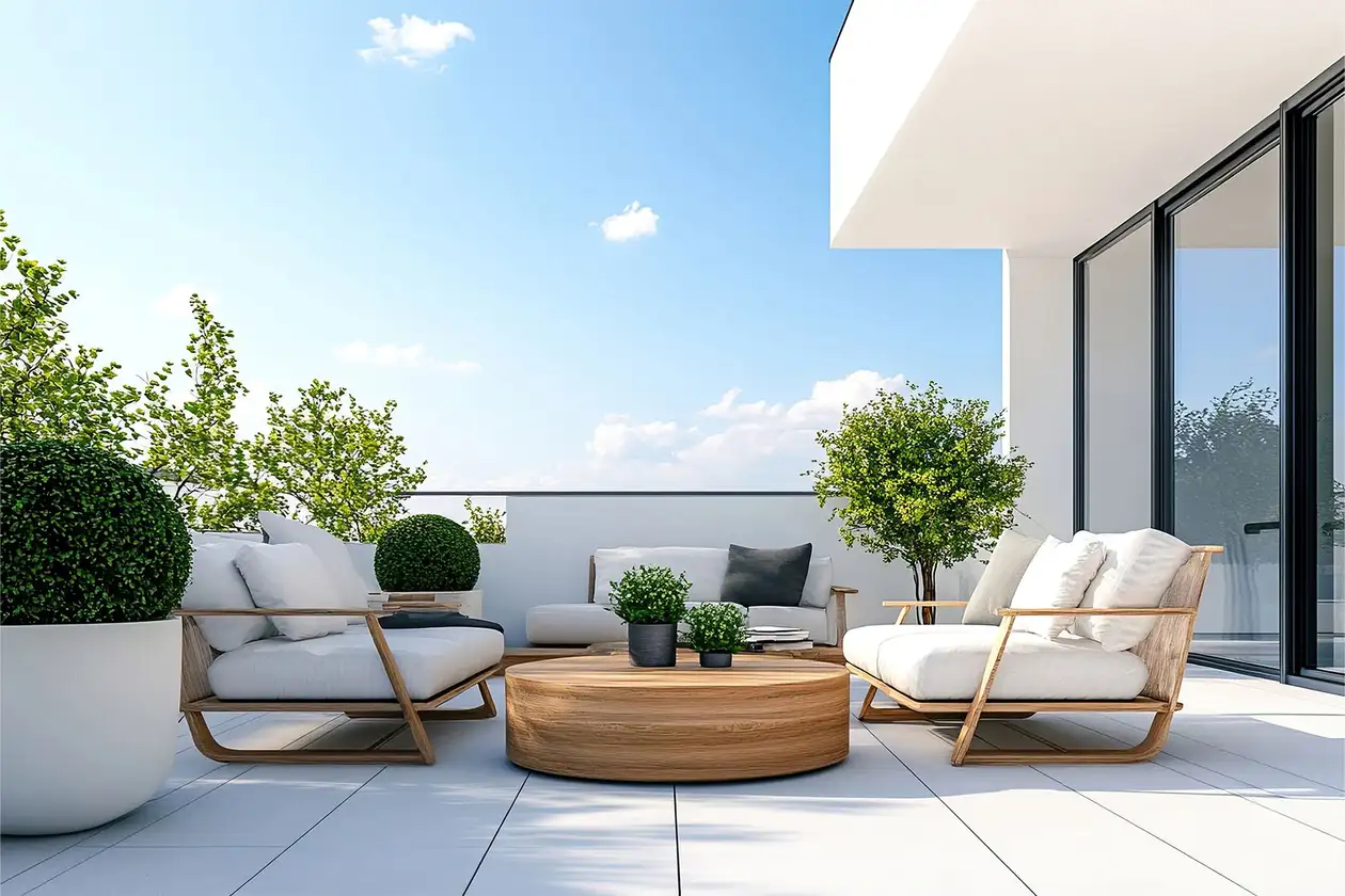 Wei&szlig; geflieste Dachterrasse mit wei&szlig;en Lounge-M&ouml;beln und Pflanztr&ouml;gen mit gr&uuml;nen B&auml;umchen