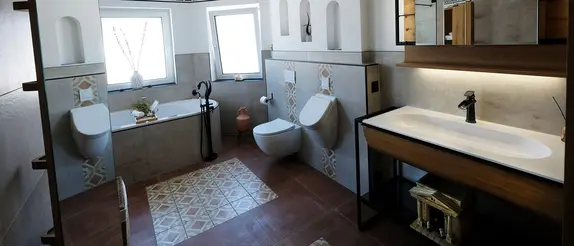 Ein Badezimmer im römischen Stil, realisiert mit Schlüter-Systemlösungen.