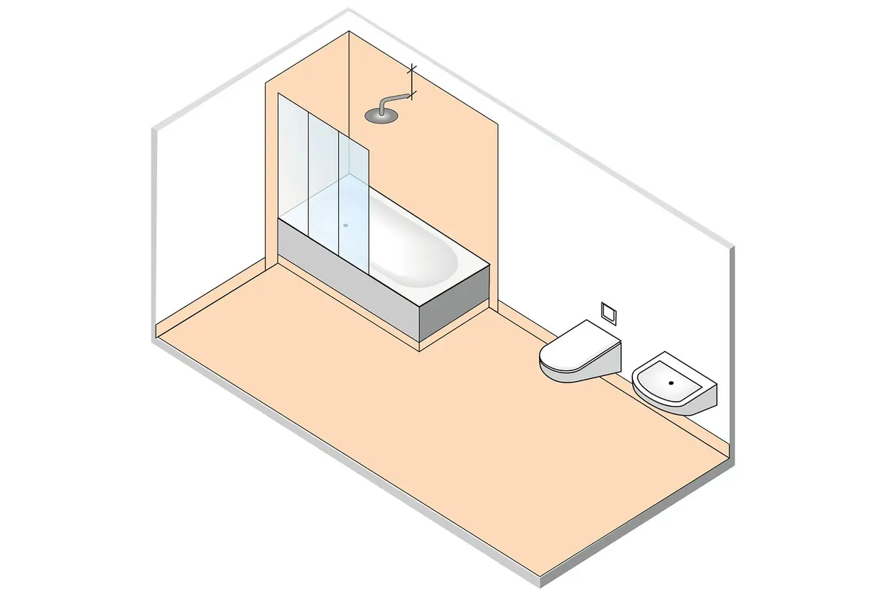 Illustration der Wassereinwirkungsklassen in einem Badezimmer mit Waschbecken, WC und Badewanne mit Duschabtrennung