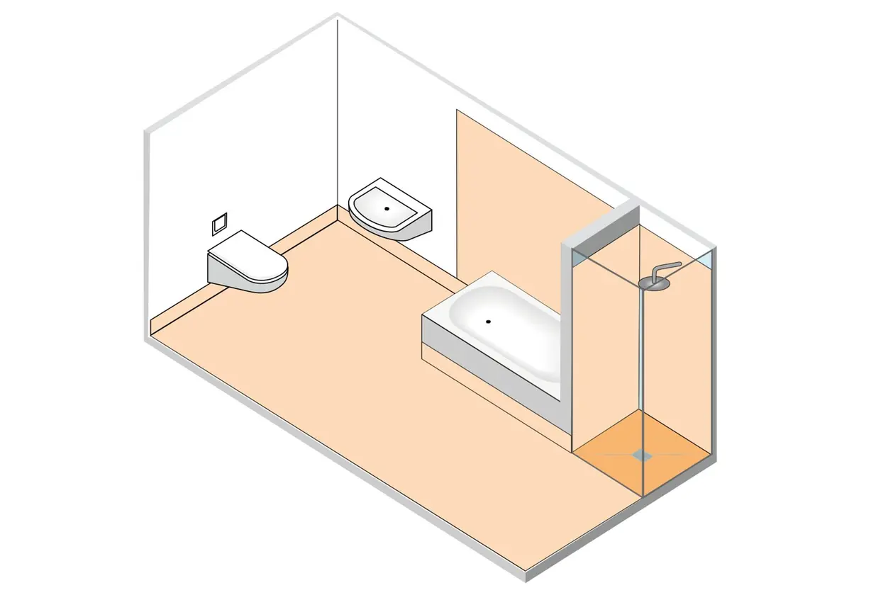 Illustration der Wassereinwirkungsklassen in einem Badezimmer mit Waschbecken, WC, Badewanne und bodengleicher Dusche mit Duschabtrennung
