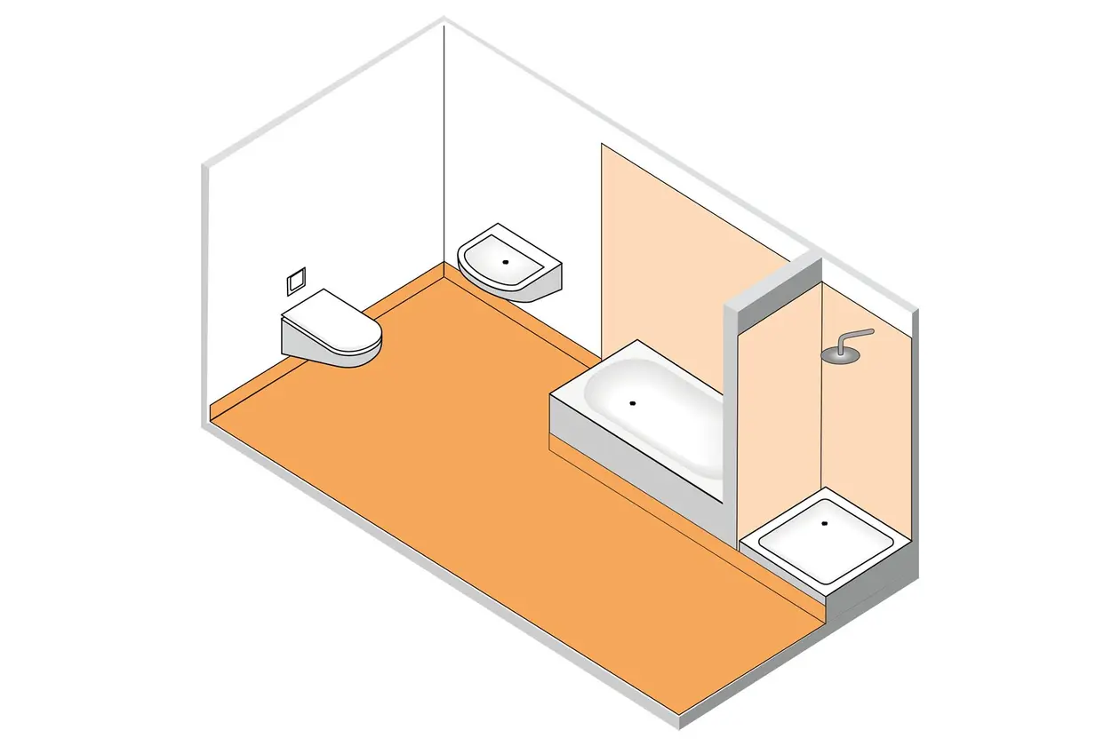Illustration der Wassereinwirkungsklassen in einem Badezimmer mit Waschbecken, WC, Badewanne und Duschtasse ohne Duschabtrennung