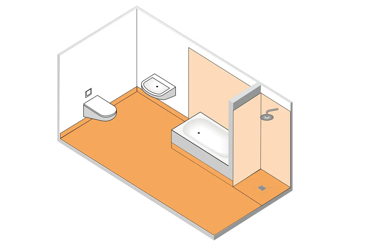 Illustration der Wassereinwirkungsklassen in einem Badezimmer mit Waschbecken, WC, Badewanne und bodengleicher Dusche ohne Duschabtrennung