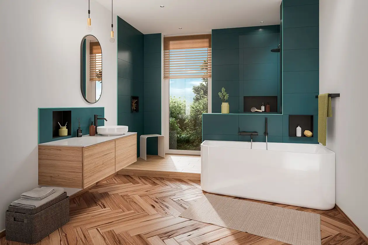 Modernes Badezimmer mit Wandfliesen in Petrol und Bodenfliesen in Holzoptik