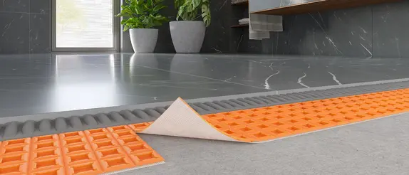 Selbstklebende Entkopplungsmatte Schlüter-DITRA-PS verlegt in einem modernen Bad mit dunkelgrauen großformatigen Fliesen