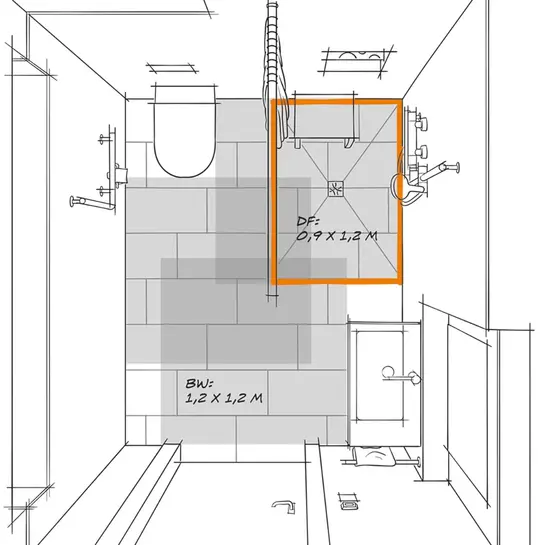 Grundriss eines barrierereduziert geplanten Badezimmers mit überlagernden Bewegungsflächen