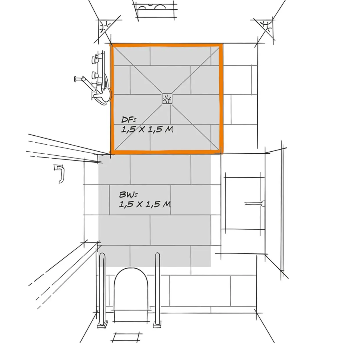 Grundriss eines rollstuhlgerecht geplanten Badezimmers