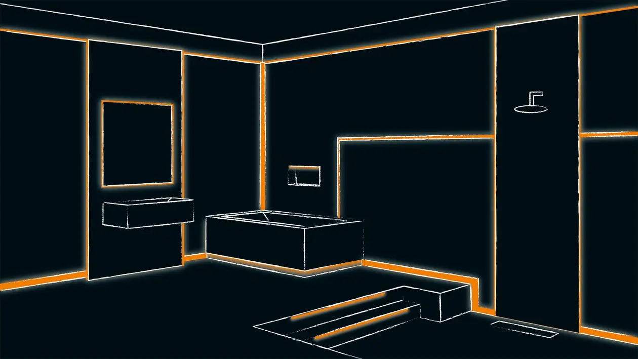 Illustration eines Badezimmers mit orangenen Lichtlinien f&uuml;r m&ouml;gliche LIPROTEC-Einsatzm&ouml;glichkeiten
