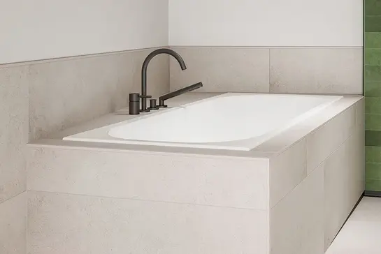 Hell-beige geflieste Badewanne mit farblich passenden Kantenschutzprofilen in TRENDLINE-Farbe