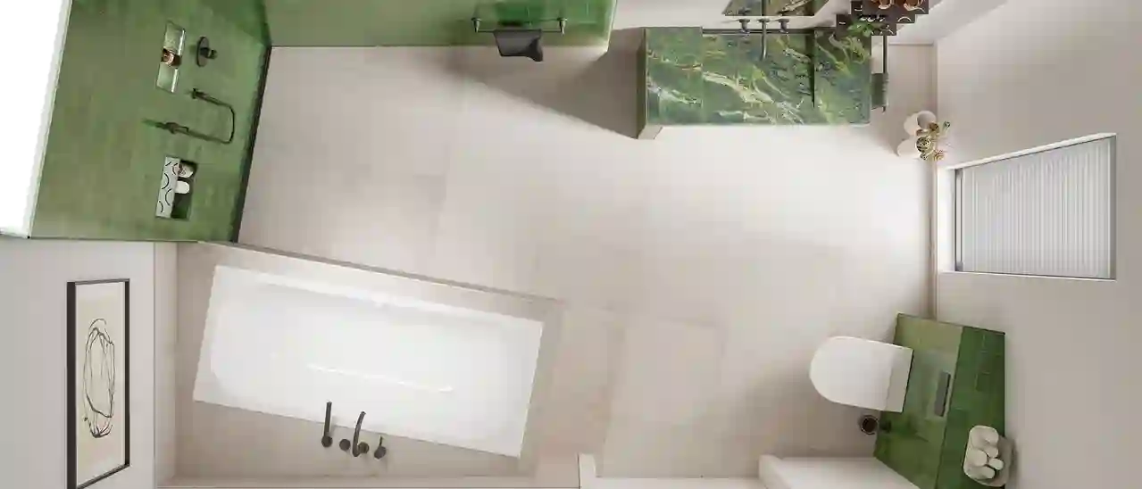 Vogelperspektive auf ein barrierefreies Badezimmer mit ebenerdiger Dusche, unterfahrbarem Waschtisch und Toilette